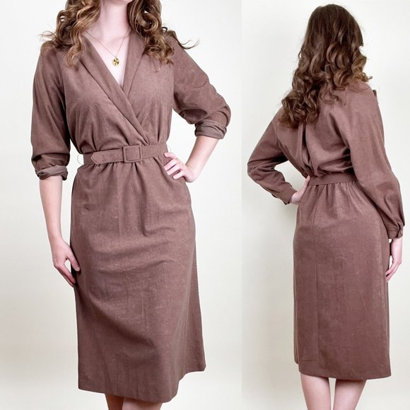 Vintage Parisian Belted Midi Dress Preppy Light Dark Academia Secretary Rustic - Picture 1 of 5
